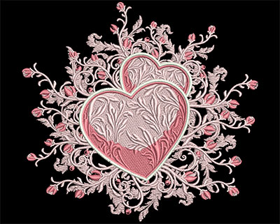 Embroidery Design: Hearts with Rose Swirls Sm 6.99w X 6.53h